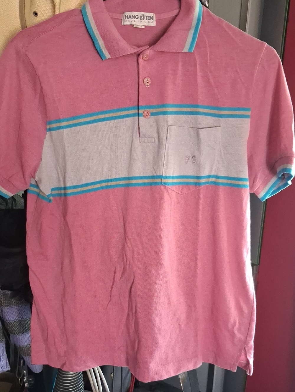 Vintage Hang Ten Men's Pink Polo with Aqua Stripe Accents